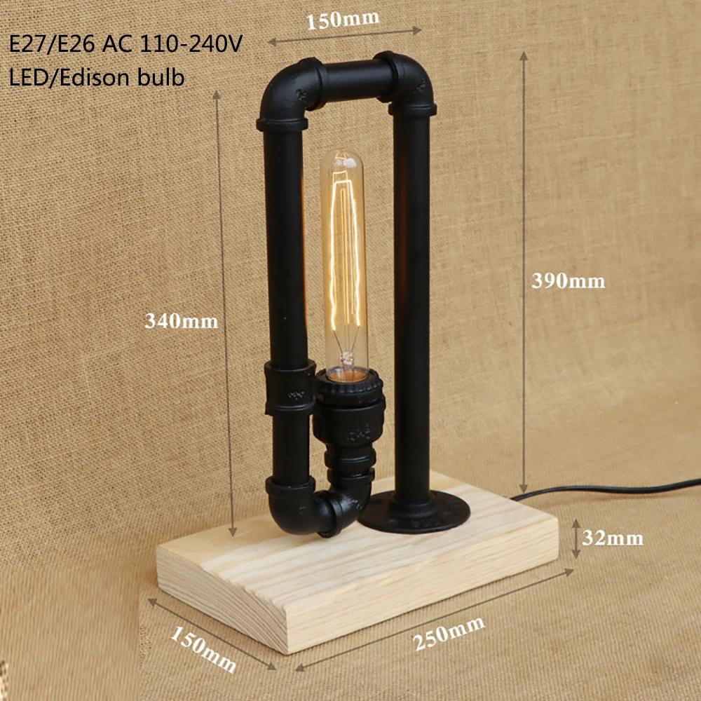 Современная черная настольная лампа в стиле стимпанк из железа и дерева с