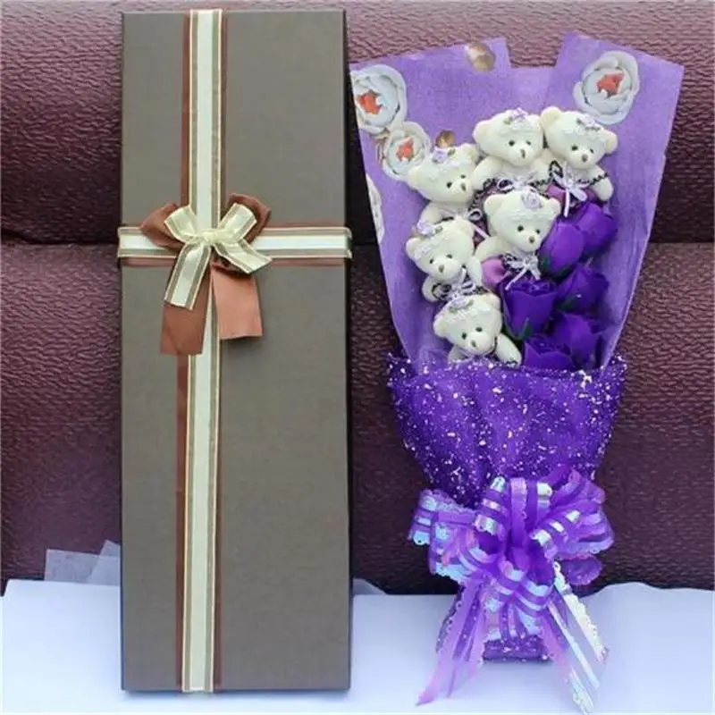 purple Искусственное мыло из лепестков роз с плюшевым мишкой Креативный цветочный свадебный букет Декор подарки на день Святого Валентина - Цвет: purple
