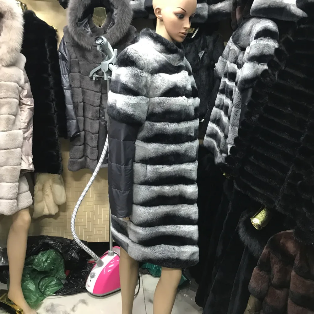Новое пальто из натурального меха женское длинное стильное плотное теплое зимнее настоящий мех кролика пальто Природный натуральный мех куртка
