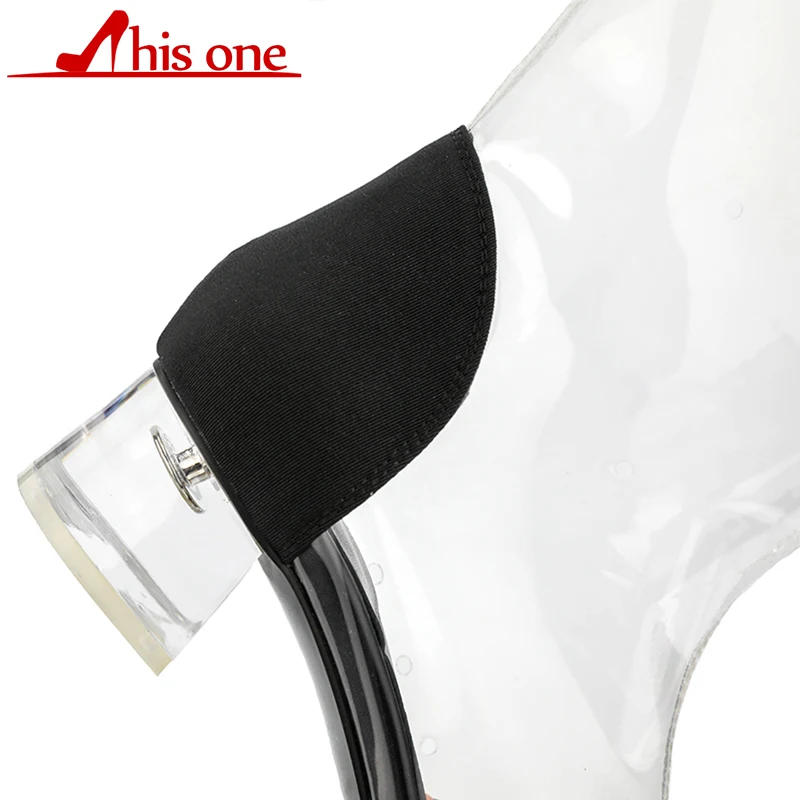 

THIS ONE 2018 Crystal Heel Transparent Short Boots Women Cowhide Round Toe Knee High Boots Woman Big Size Shoes Rain Boots