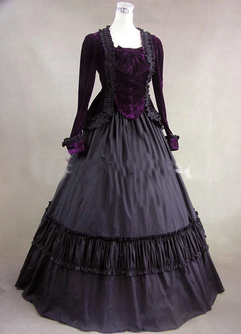 2017 Совершенно новое элегантное пурпурное и черное платье с длинным рукавом винтажного средневекового стиля, готическое викторианское бальное платье на Хэллоуин.