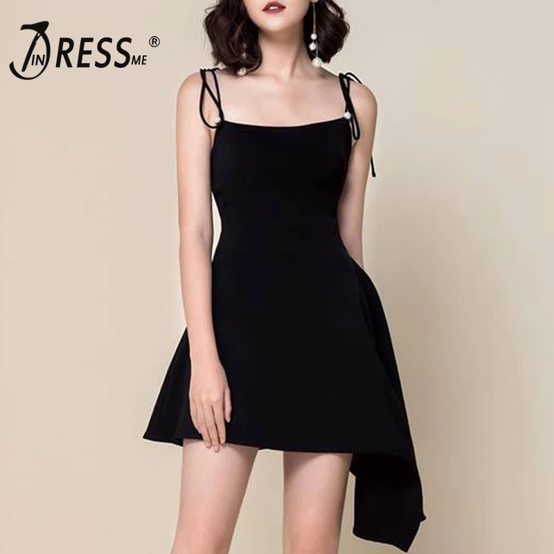 

INDRESSME New 2019 Elegant Sexy Spaghetti Strap Asymmetry Dress Mini Length Backless A Line Lady Party Dress Vestidos
