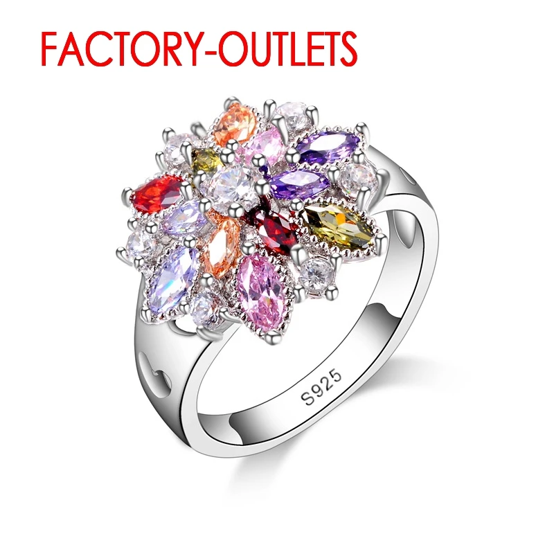 

925 Sterling Silver Ring Fashion Jewelry Colourful Cubic Zirconia Flower Design Cute Style Women Girls Party Engagement