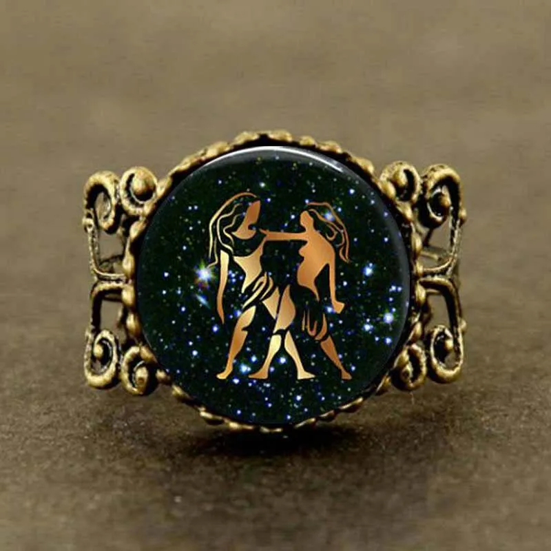Новый Мода зодиака Близнецы кольцо с изображением Знака Доллара Стекло