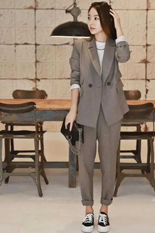 

2020 New Business Pant Suits High Quality Set Blazers Formal Women OL Elegant Plaid 2 Piece Sets Uniform Jackets Set