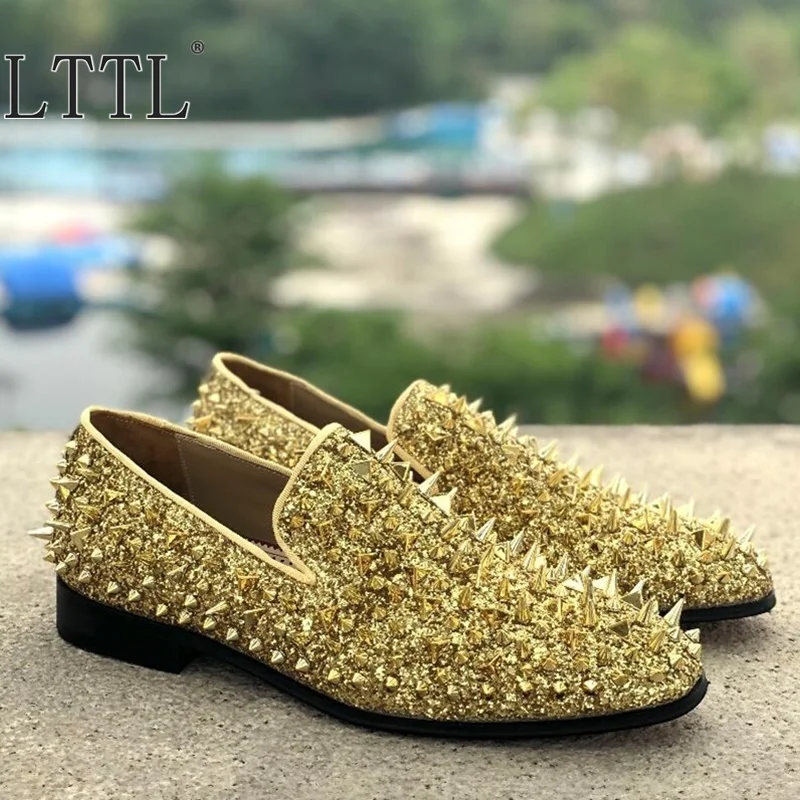 LTTL New Handmade Glitter Long Spikes Men Loafers Bling Sequins Men's Banquet Wedding Shoes Slip On Rivets Casual | Обувь