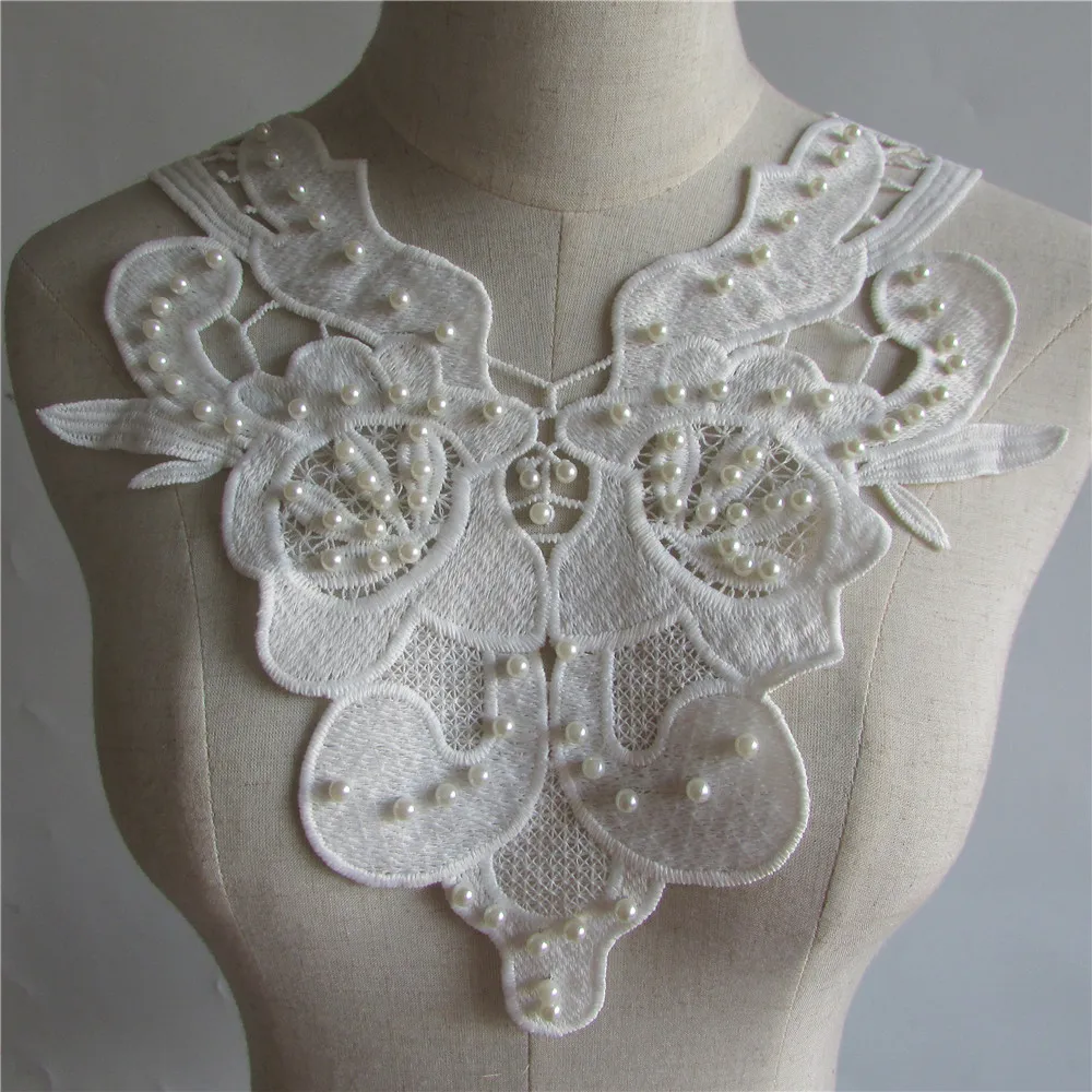 Белый ABS Жемчуг кружево воротник вышитые Аппликация кружевной по линии выреза