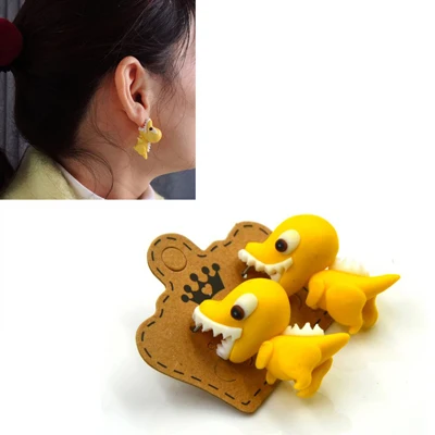 Yellow Dinosaur Модные серьги-гвоздики в виде животных ручной работы из полимерной глины, акулы, крокодила, кота, пираньи, серьги для женщин, серьги для пирсинга, ювелирные изделия - Окраска металла: Yellow Dinosaur
