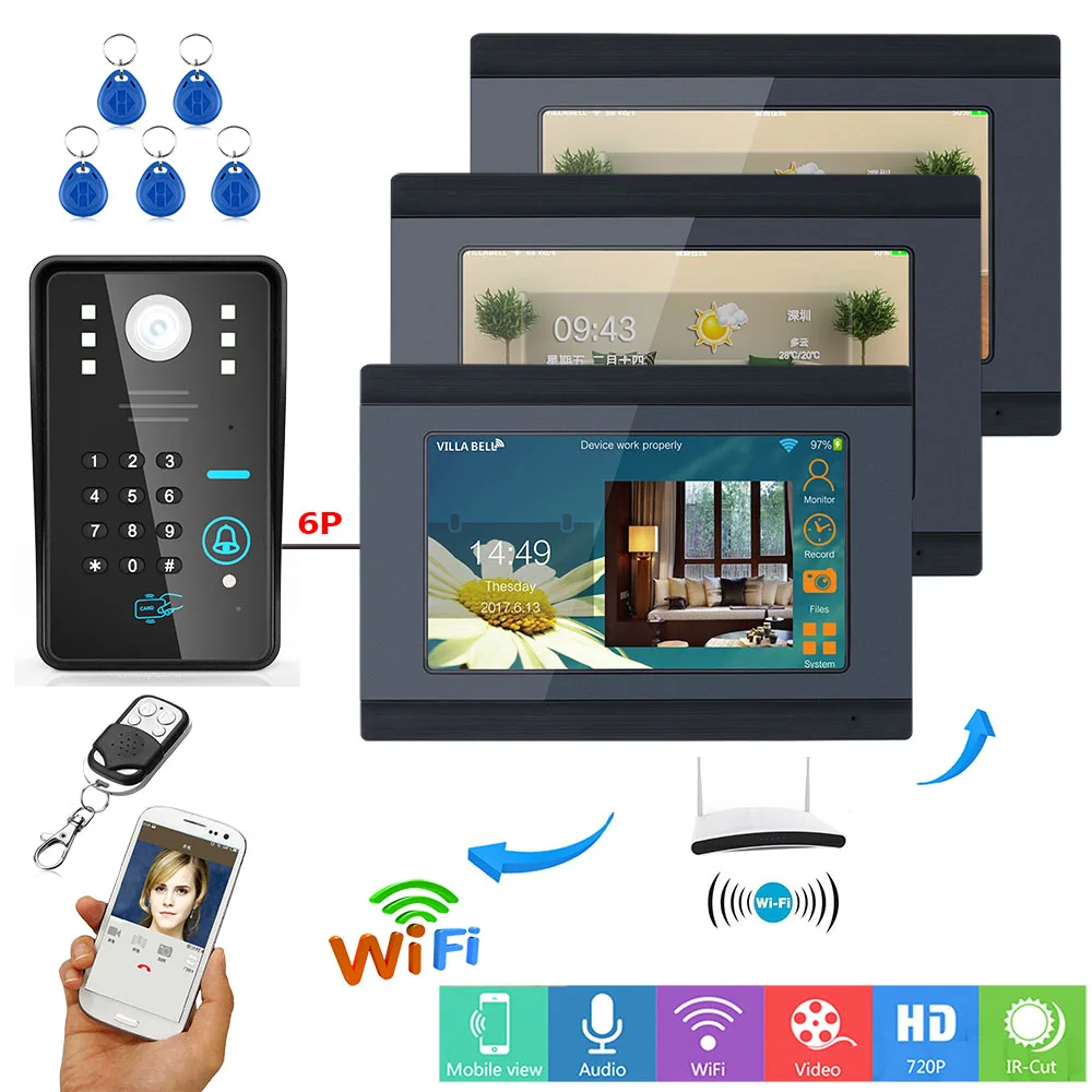 

3 Monitors 7" TFT Wired / Wireless Wifi RFID Password Video DoorDoorbell Phone Intercom System with IR-CUT HD1000TVL Camera