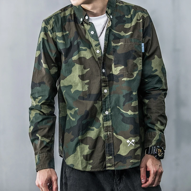 Мужские модные повседневные Длинные рукава Camo платье рубашка хлопок военные