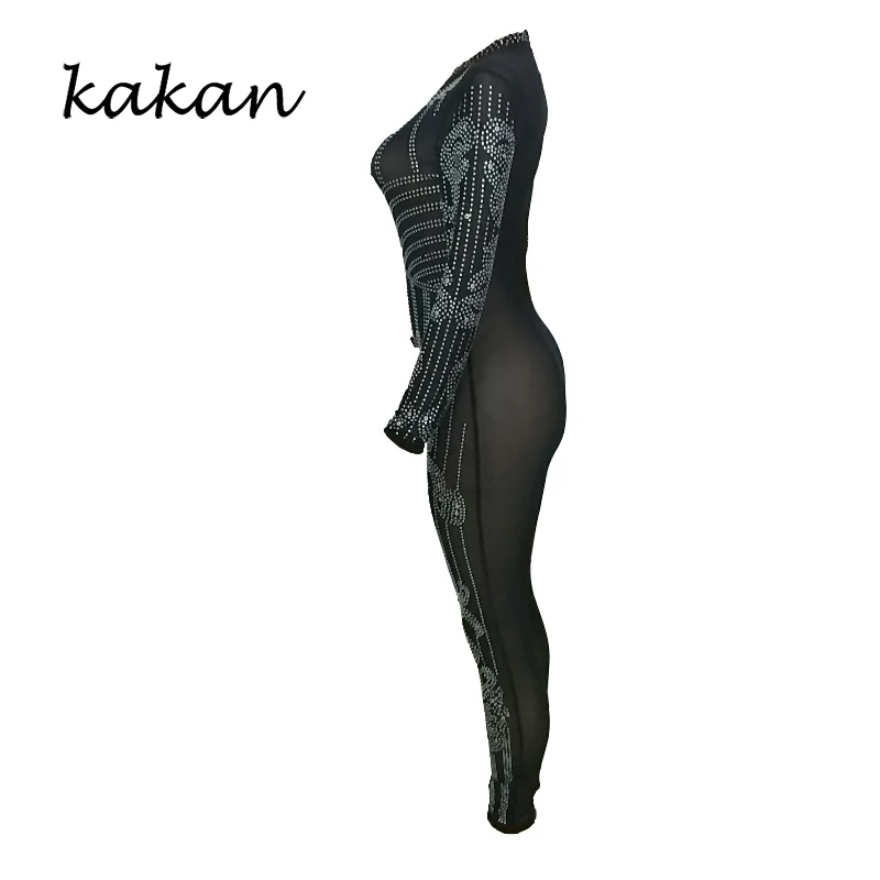 Женский сетчатый комбинезон Kakan черно белый без пояса с прорезями для лета