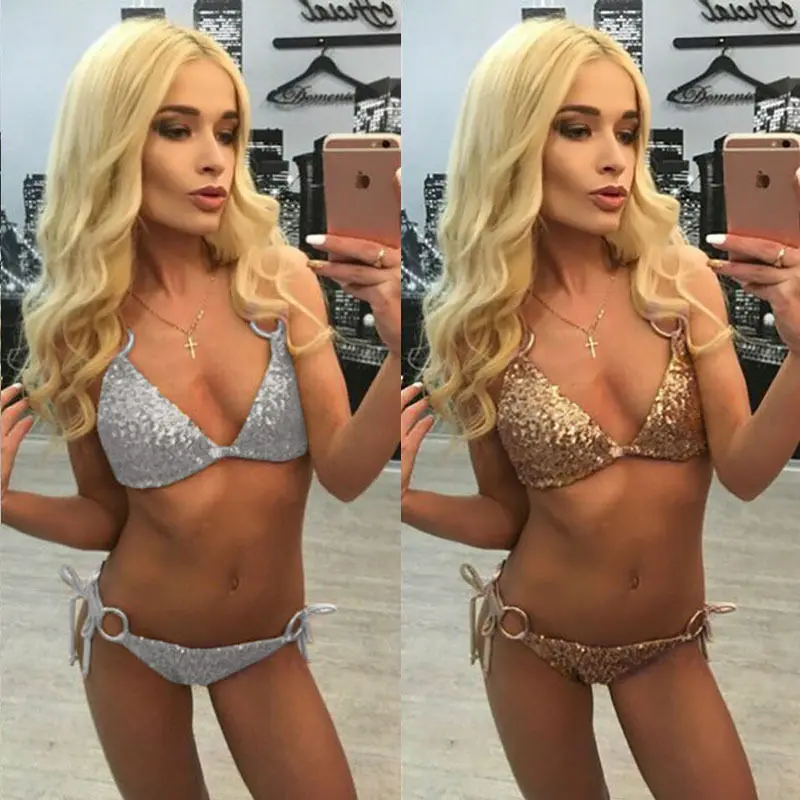 Новый женский Пляжный бандажный комплект бикини с блестками и пуш ап летний