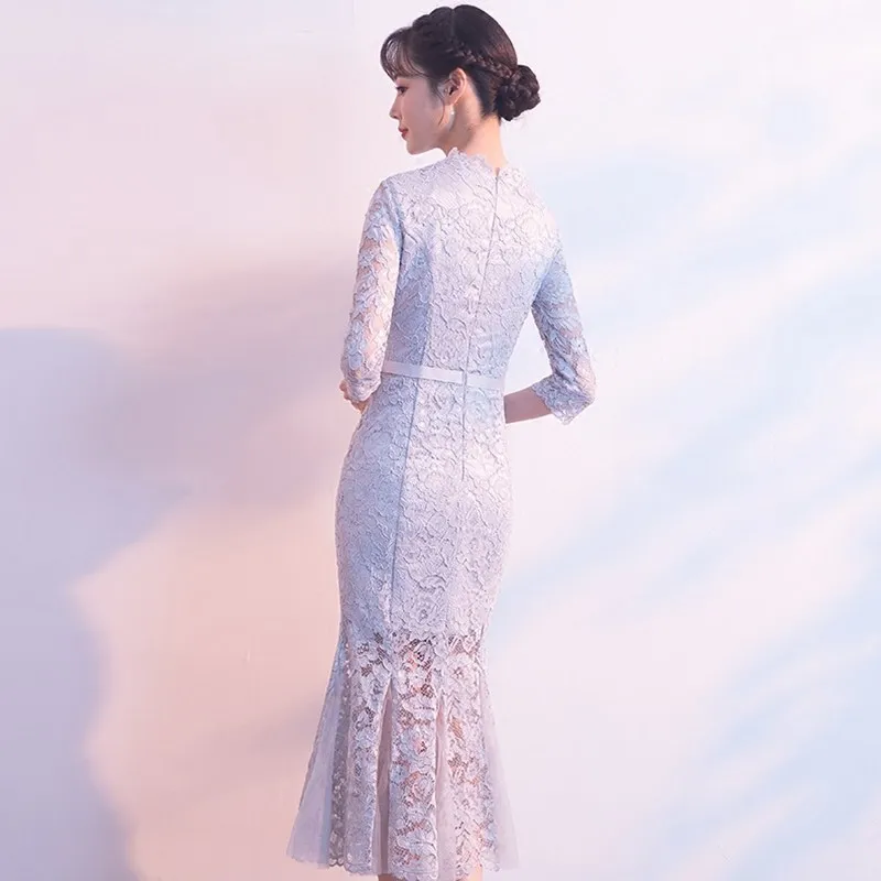 Серое кружевное китайское традиционное платье длинное Ципао для невесты Vestidos