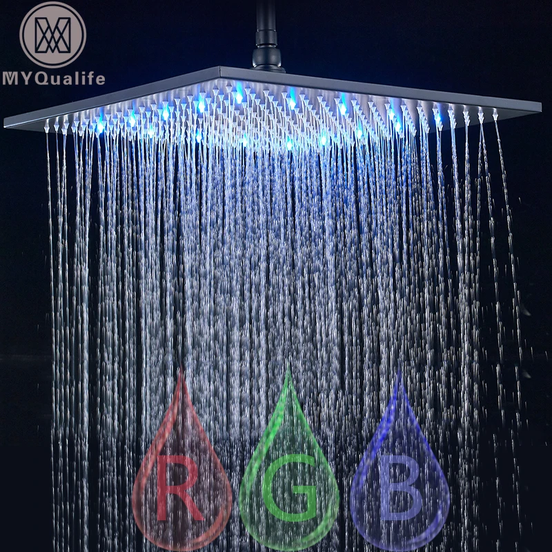 

Black Rainfall Shower Head LED Light 16" Large Rainfall Shower Faucet Head Square Brass Showerhead Color Changing Head