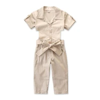 hot sell 2019 children girls summer soild tooling jumpsuit fashion cotton short sleeve bowknot belt overalls 2 8years