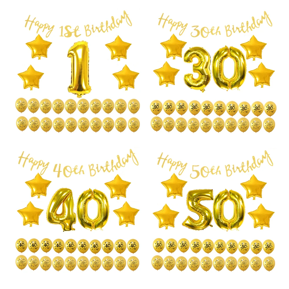 ZLJQ 1set Gold 1 30 40 50 Happy Birthday Banner 40inch Foil Balloon Paper Bunting Ballon Party Decoration Kids Supplies | Дом и сад