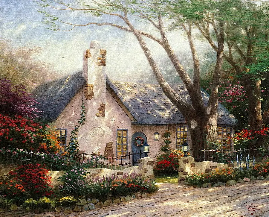 Картина на холсте Thomas Kinkade осень в Эшли Коттедж с принтом Современные художники