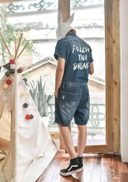 Новый Модный повседневный мужской джинсовый комбинезон с коротким рукавом пятью