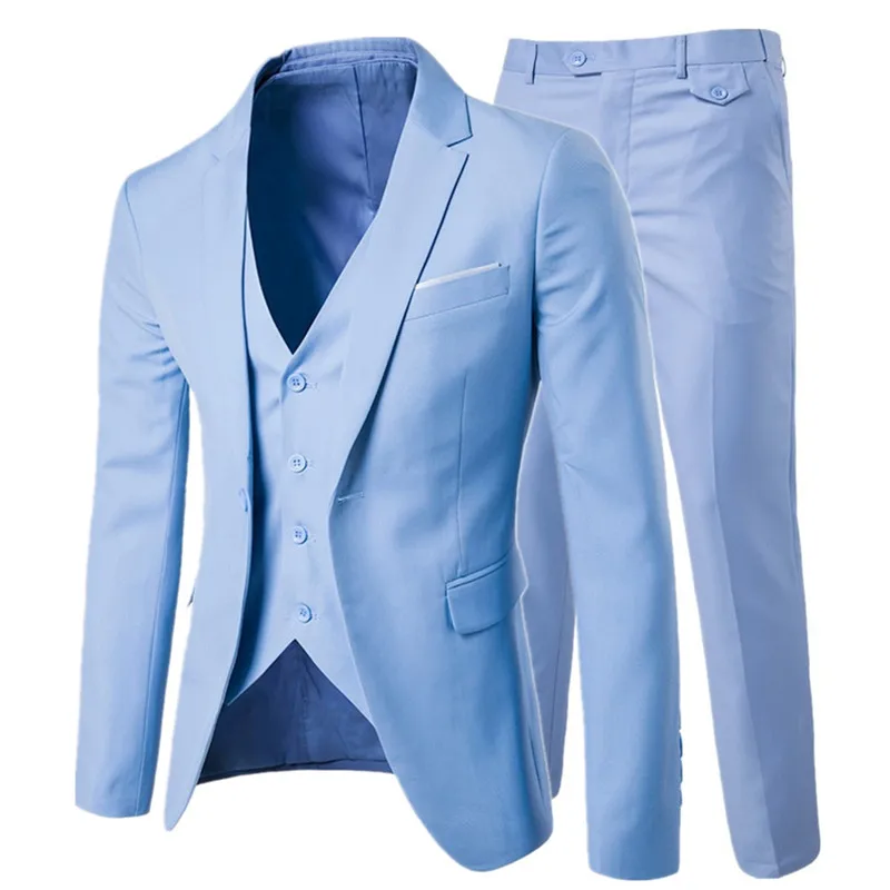 Light blue 3 pieces Роскошный мужской костюм из 3 предметов, мужской свадебный тонкий повседневный деловой мужской костюм, Большой размер, Мужская праздничная одежда, платье жениха, S-6XL - Цвет: Light blue 3 pieces