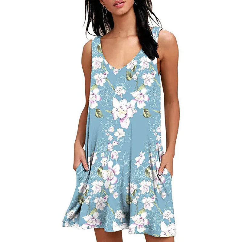 Light Blue Хит, женские пляжные платья, летние, женские, повседневные, свободные, с принтом розы, без рукавов, с карманами, пляжная одежда, мини, купальный костюм - Цвет: Light Blue