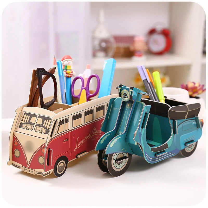 

3D DIY Paper Puzzle Pencil Box Multi-function Office Stationery Storage Shelf Desktop Storage Boxes Funny Originality Bus Toy