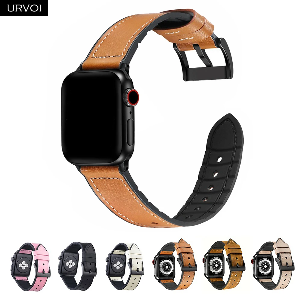 Ремешок URVOI для apple watch 6 SE 5 4 3 2 1 кожаный ремешок силиконовый задний iwatch дышащая