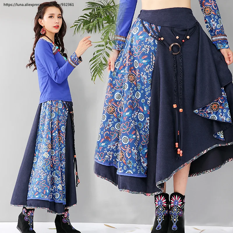Ретро boho печатных Асимметричная для женщин Длинная юбка осень зима Высокая талия