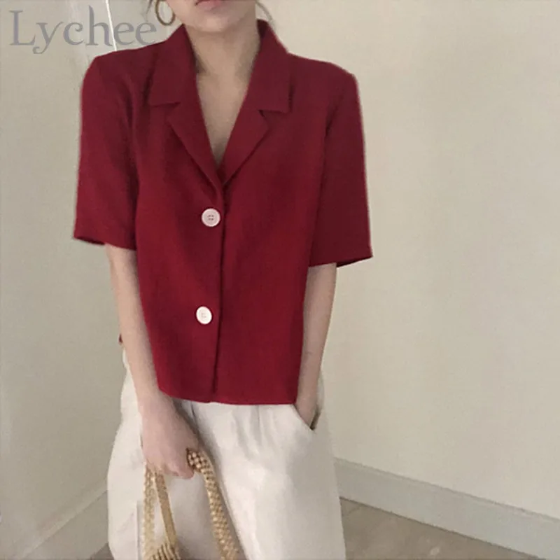 Lychee Винтаж сплошной цвет женские блузки вырубленный воротник с коротким рукавом v-образным вырезом свободный Женская рубашка блузка