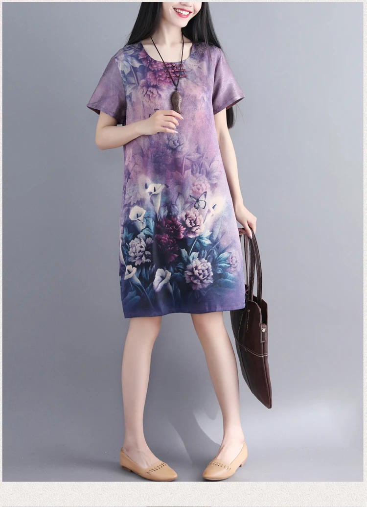 Vintage Big Size Flower print Short Sleeve Silk Dress 2018 Summer Retro Tie Dye O- Neck Plus Tunic Loose Vestidos | Женская одежда