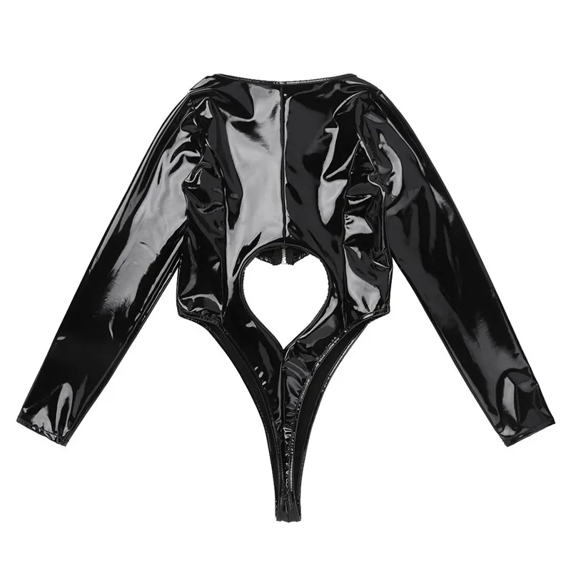 Женское нижнее белье из лакированной кожи с эффектом WetLook с длинным рукавом на молнии спереди, с вырезами, с высокой посадкой, трико, боди, комбинезон