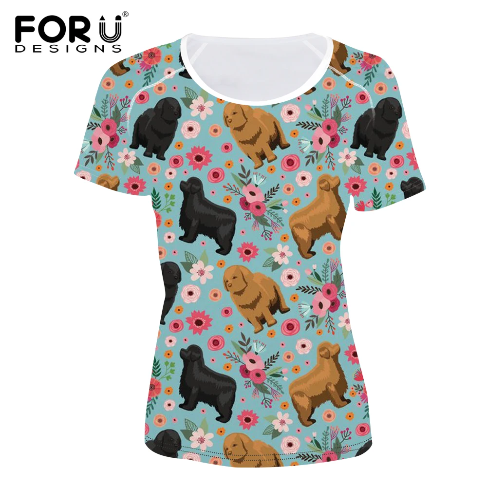 

FORUDESIGNS T Shirt Women Funny Newfoundland Flower Printing T-shirt Female Fashion Short Sleeve Tee Shirt for Girls Cute Tops