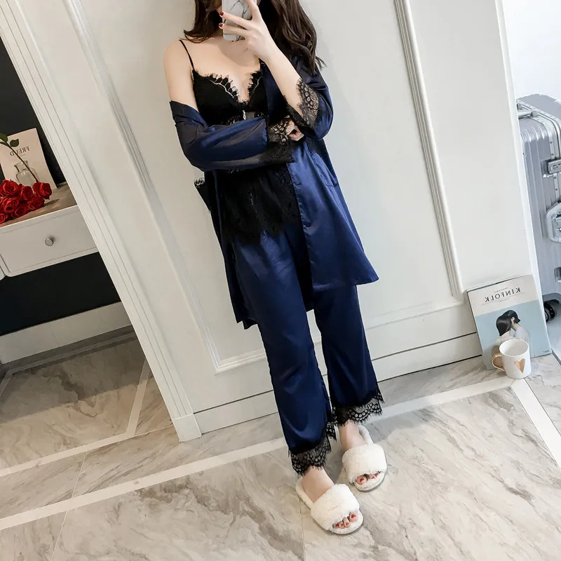 Пижама из трех предметов осенняя Женская Сексуальная Ночная одежда Черная