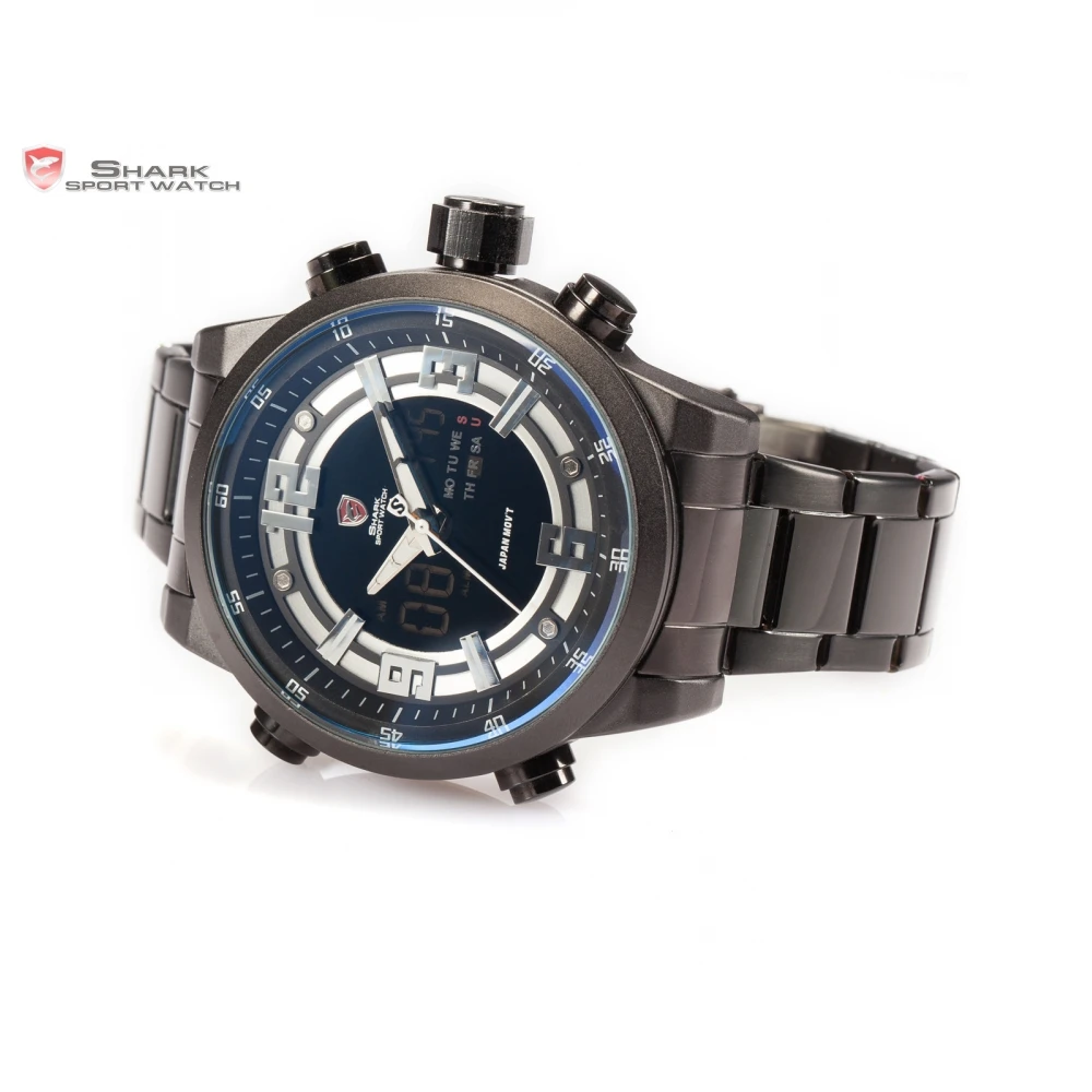 Акула часы люксовый бренд мужчины Relogio двойной время дата день из нержавеющей