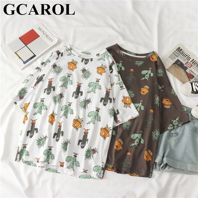 GCAROL, новинка, женская, кавайная, граффити, мультяшная, длинная футболка, с заниженным плечом, негабаритная, хип-хоп, элементы, Harajuku, футболки, милые топы, M-XL