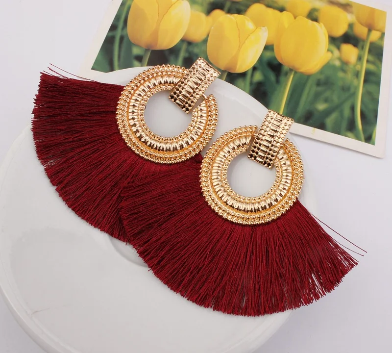 gold wine red Exknl богемные серьги в виде капель для женщин, серьги с кисточками, большие массивные Винтажные висячие серьги, красные, розовые, черные, синие модные ювелирные изделия - Окраска металла: gold wine red