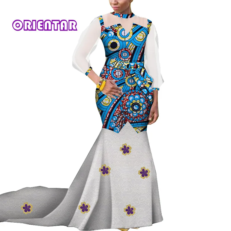 Women African Lace Dresses for Traditional Wedding Long Sleeve Dashiki Dress Elegant Lady Evening Maxi Dress WY4997