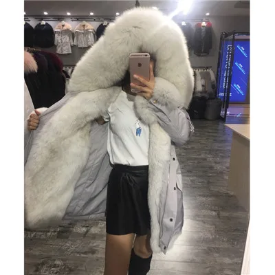 CKMORLS новое зимнее пальто женские парки с лисьим мехом воротник натуральный Лисий мех куртки длинные большие размеры Топы натуральный мех парка пальто - Цвет: grey and white