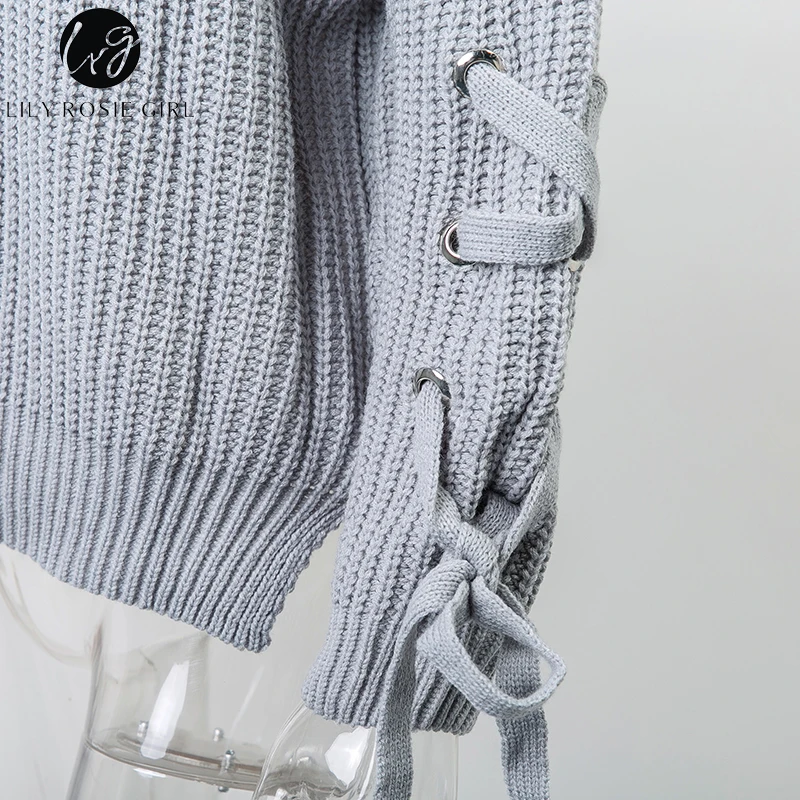Lily Rosie Girl Gray Lace Up Casual Women Sweaters Knitted Long Sleeve O Neck Autumn Winter Side Off Shoulder Pullovers Jumper | Женская