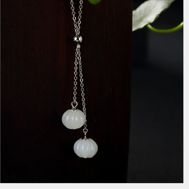 Uglyless Real 925 Sterling Silver Natural Jade Pumpkin Pendants With Chains Handmade Gemstones Necklaces Tassel Chokers Bijoux | Украшения