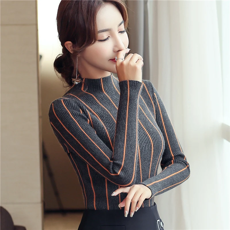 Women's Clothing Pullover Turtleneck Female 2021 Autumn and Winter Striped Women Sweater Bottom Shirt Causal Sweaters 1326 80 | Женская