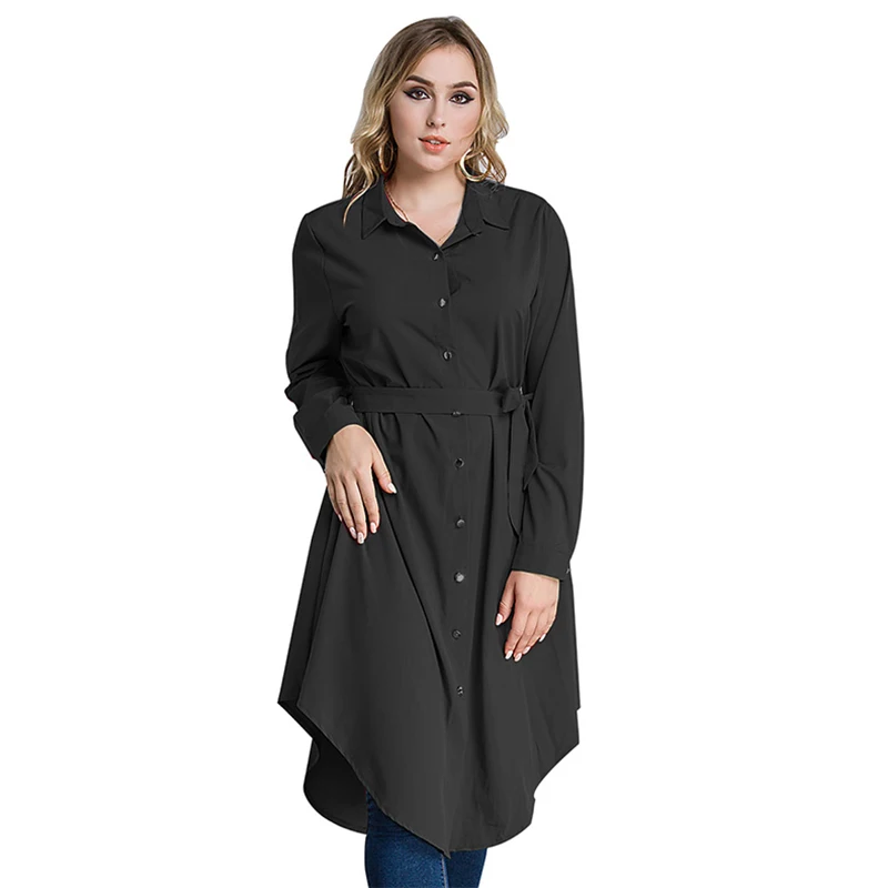 Однотонная длинная блуза размера плюс 4XL 5XL 6XL, Женская Осенняя Асимметричная Свободная блузка с длинным рукавом и поясом, блузы красного, черного и зеленого цвета - Цвет: Черный