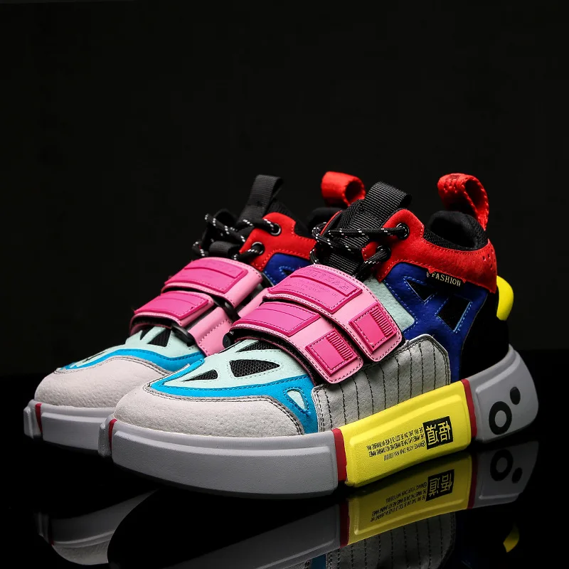 Multicolor Fashion Men Casual Hook Loop Chunky Sneakers Hip Hop Shoes Male Autumn Students Walking High Top Sneakers Tenis Masculino Adulto - Color: Multicolor