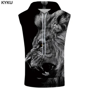 Мужская Повседневная Толстовка KYKU, Черная Толстовка без рукавов с изображением Льва, для фитнеса, бодибилдинга, в готическом стиле