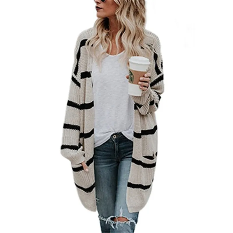 Autumn and Winter Women Sweet Fashion Striped Knit V-neck Cardigan Long Sleeve Loose Wool Sweater with Pocket |