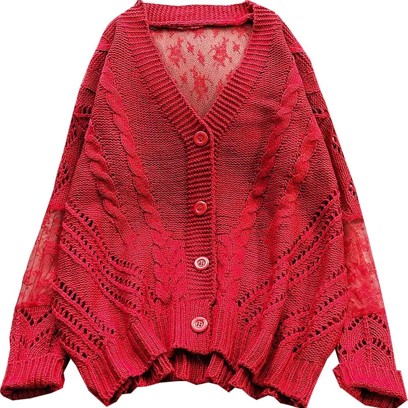 New 2019 spring hollow cardigan women's lace knitted sweater with loose foreign style and thick stick needle jacket sweaters |