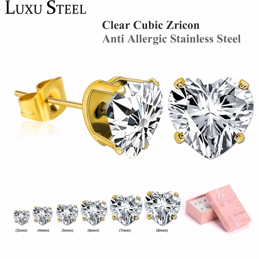 Серьги гвоздики LUXUSTEEL из нержавеющей стали в форме сердца золотого цвета с