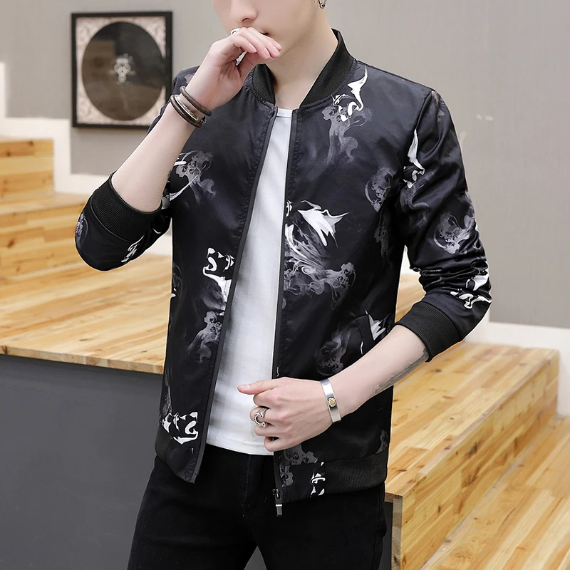 2019 новые мужские с принтом куртки весна осень модный бренд Slim Fit пальто мужской