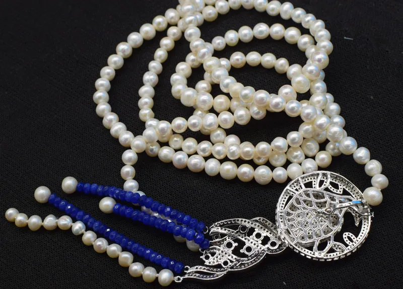 

freshwater pearl white near round blue jade 7-8mm and bird pendant necklace 45inch FPPJ wholesale beads nature