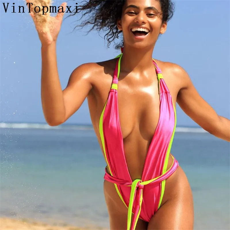 Sexy Waist Monokini 1 Piece Swimsuit Women High Leg Double Face Swimwear Thong Bathers Summer 2019 V-neck Brazilian Bathing Suit | Спорт и