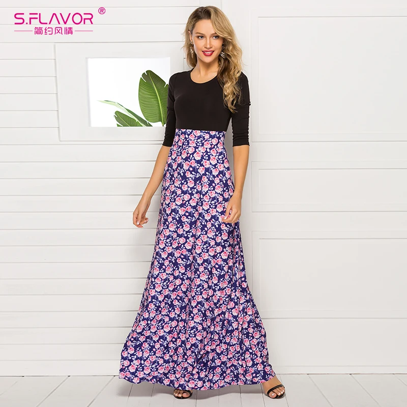 Женское длинное лоскутное платье S.FLAVOR узкое с цветочным принтом и рукавом 3/4 для